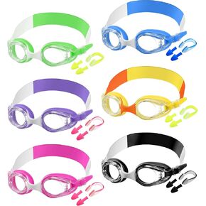 Macarrie 6 Pcs Kids Swim Goggles No Leaking Anti Fog Swimming Goggles for Kids Boys Girls with Nose Clip Earplugs, Age 3-14 (Cute Colors)