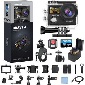 AKASO Brave 4 Action Camera 4K 30fps with 128GB MicroSDXC Card 20MP Ultra HD 131FT Waterproof Underwater Camera EIS WiFi Remote Control 5X Zoom Sport Cameras with Bicycle Accessories Kit Bundle
