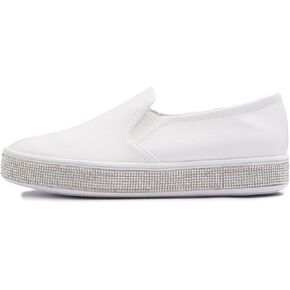 FEVERSOLE Women's Fashion Slip-On Sneaker Casual Platform Loafers White Silver Rhinestone Shoes Size 8.5 M US