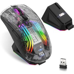 Wireless Gaming Mouse with Transparent RGB Mechanical, Tri-Mode 2.4GHz/Bluetooth/Wired Mouse, Charging Base, Digital Display,Silent Mice, 7 Buttons, Computer Mouse for Gaming and Esports (White)