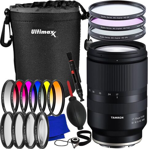 Tamron 17-70mm f/2.8 Di III-A VC RXD Lens for Sony E + Water-Resistant Lens Pouch, 6PC Gradual Color Filter Kit, 4PC Macro Close-Up Filter Kit, 3PC Multi-Coated UV Filter Kit & More (22pc Bundle) in Saudi Arabia