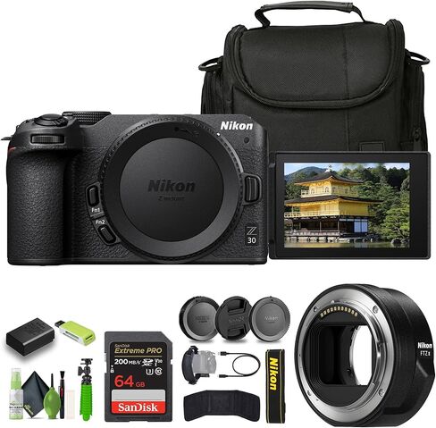 Nikon Z30 Lightweight Mirrorless Camera + Soft Case + Cleaning Kit + Memory Card Wallet + Extreme PRO 64GB Card + Card Reader + Hand Strap + 12 Inch Flex Tripod + Nikon FTZ II Mount Adapter (Renewed) in Saudi Arabia