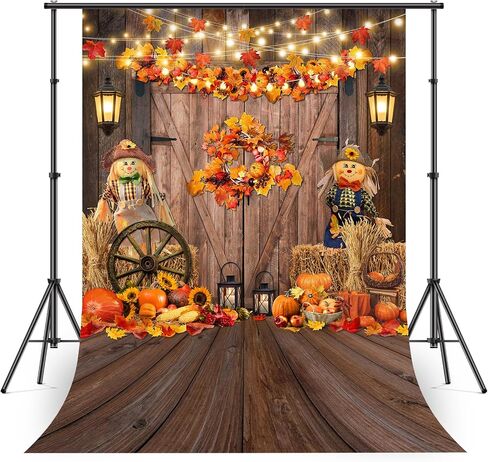 Avezano Fall Thanksgiving Backdrop Maple Leaves Pumpkin Barn Door Photography Backdrop Haystack Scarecrow Fall Baby Shower Party Banner Decorations (5x7 ft, 59x83 inch) in Saudi Arabia