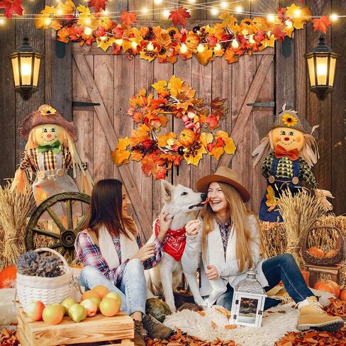 Avezano Fall Thanksgiving Backdrop Maple Leaves Pumpkin Barn Door Photography Backdrop Haystack Scarecrow Fall Baby Shower Party Banner Decorations (5x7 ft, 59x83 inch) in Saudi Arabia