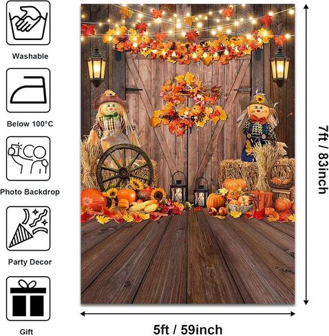 Avezano Fall Thanksgiving Backdrop Maple Leaves Pumpkin Barn Door Photography Backdrop Haystack Scarecrow Fall Baby Shower Party Banner Decorations (5x7 ft, 59x83 inch) in Saudi Arabia