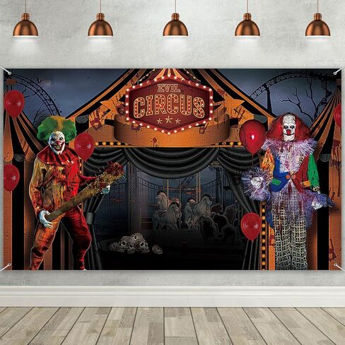 Halloween Evil Circus Backdrop, Large Fabric Evil Clown Scary Skull Balloon Dead Tree Skull Photography Background Banner Party Decoration, Halloween Party Supplies, 72.83 x 43.31 Inch in Saudi Arabia