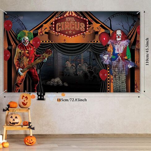 Halloween Evil Circus Backdrop, Large Fabric Evil Clown Scary Skull Balloon Dead Tree Skull Photography Background Banner Party Decoration, Halloween Party Supplies, 72.83 x 43.31 Inch in Saudi Arabia