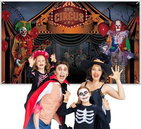 Halloween Evil Circus Backdrop, Large Fabric Evil Clown Scary Skull Balloon Dead Tree Skull Photography Background Banner Party Decoration, Halloween Party Supplies, 72.83 x 43.31 Inch in Saudi Arabia
