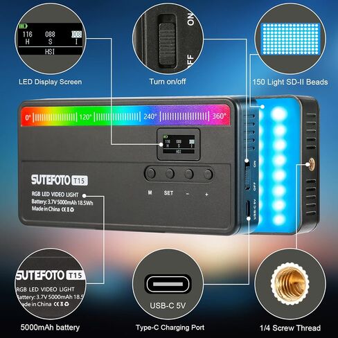 RGB Video Light CRI 96+ Portable LED Camera Light Panel 360° Full Color Dimmable 2800K-10000K, 5000mAh Rechargeable LED DSLR Lighting for Photography, Video Conference, YouTube, TikTok in Saudi Arabia