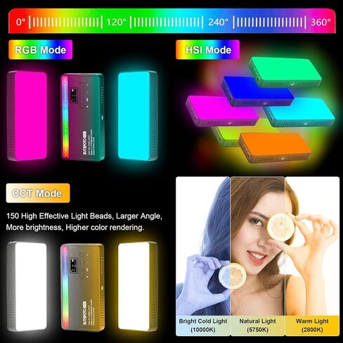 RGB Video Light CRI 96+ Portable LED Camera Light Panel 360° Full Color Dimmable 2800K-10000K, 5000mAh Rechargeable LED DSLR Lighting for Photography, Video Conference, YouTube, TikTok in Saudi Arabia
