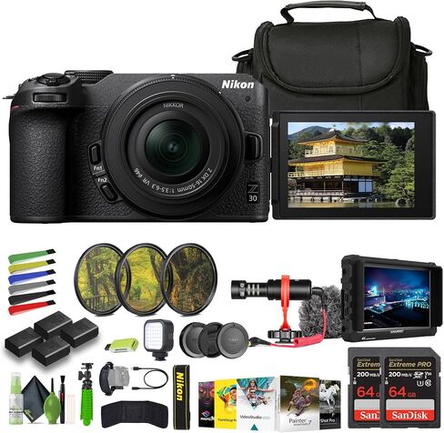 Nikon Z30 Lightweight Mirrorless Camera with 16-50mm Zoom Lens + 3X ENEL25 Battery + 2X Extreme PRO 64GB Card+ UV Lens Filter+ Photo Editing Software + Mic + External Monitor + More (Renewed) in Saudi Arabia