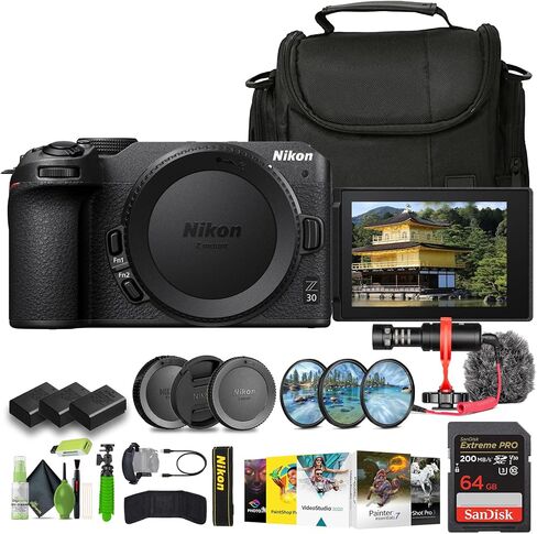 Nikon Z30 Lightweight Mirrorless Camera + 2X ENEL25 Replacement Battery + Memory Card Wallet + Extreme PRO 64GB Card + 12 Inch Flex Tripod + Photo Editing Software + Mic + More (Renewed) in Saudi Arabia