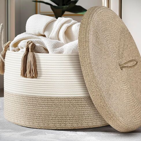 Blanket Basket with Lid, Woven Baskets for Storage, 21.7" X 21.7" X 13.8" Extra Large Toy Basket for Baby Laundry Basket, Throw Blanket Storage for Living Room Bedroom, Brown Boho Basket in Saudi Arabia