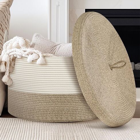 Blanket Basket with Lid, Woven Baskets for Storage, 21.7" X 21.7" X 13.8" Extra Large Toy Basket for Baby Laundry Basket, Throw Blanket Storage for Living Room Bedroom, Brown Boho Basket in Saudi Arabia