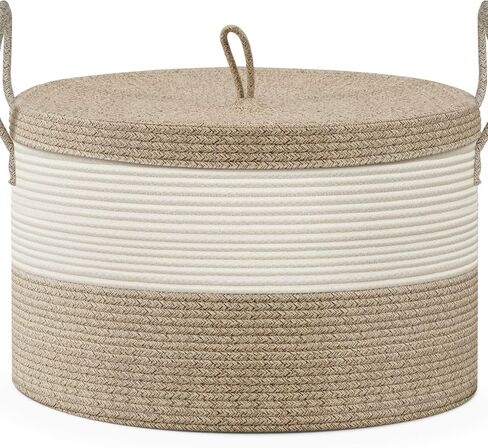 Blanket Basket with Lid, Woven Baskets for Storage, 21.7" X 21.7" X 13.8" Extra Large Toy Basket for Baby Laundry Basket, Throw Blanket Storage for Living Room Bedroom, Brown Boho Basket in Saudi Arabia