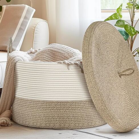 Blanket Basket with Lid, Woven Baskets for Storage, 21.7" X 21.7" X 13.8" Extra Large Toy Basket for Baby Laundry Basket, Throw Blanket Storage for Living Room Bedroom, Brown Boho Basket in Saudi Arabia