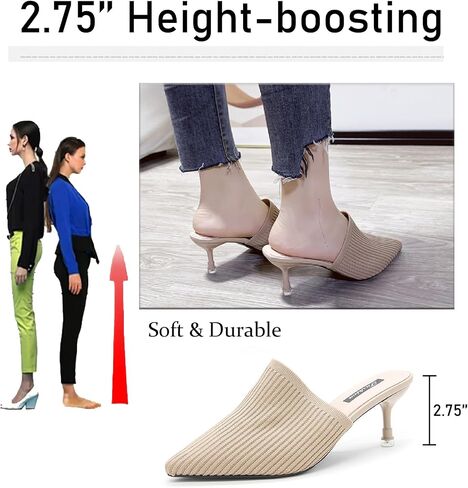 Women's Knit Closed Pointed Toe Kitten Heels Mules Fashion Breathable Mesh Slip On Stiletto Pumps Sandals for Party Prom Date Dressy Slides in Kuwait