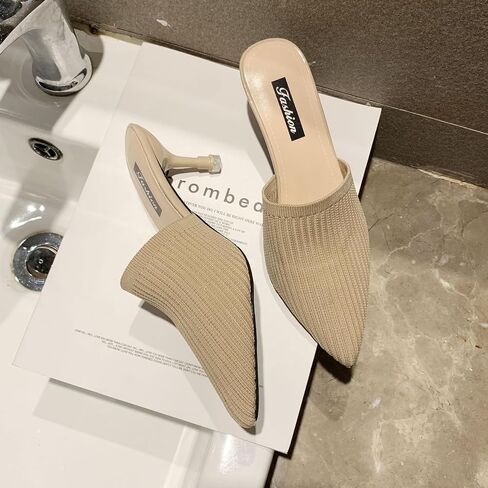 Women's Knit Closed Pointed Toe Kitten Heels Mules Fashion Breathable Mesh Slip On Stiletto Pumps Sandals for Party Prom Date Dressy Slides in Kuwait