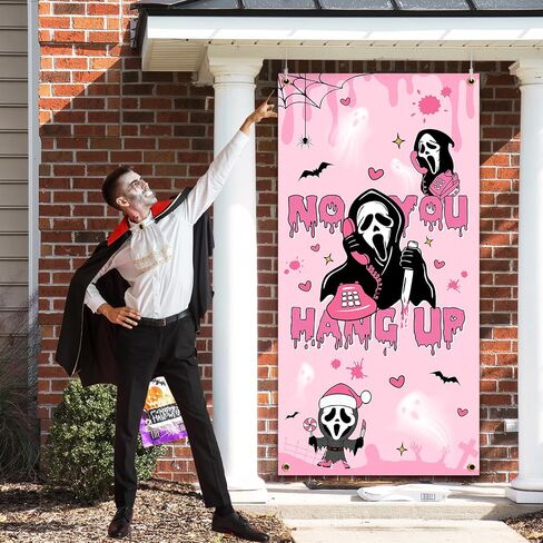 Halloween Party Decoration,Pink Horror Movie Door Cover No You Hang Up Door Hanging Backdrop for Halloween Birthday Party Supplies in Saudi Arabia