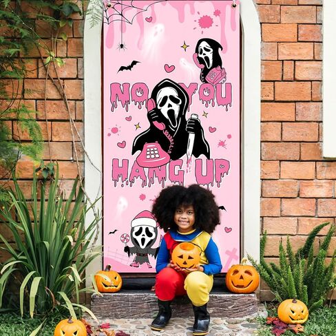 Halloween Party Decoration,Pink Horror Movie Door Cover No You Hang Up Door Hanging Backdrop for Halloween Birthday Party Supplies in Saudi Arabia