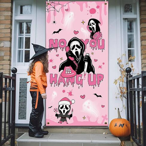 Halloween Party Decoration,Pink Horror Movie Door Cover No You Hang Up Door Hanging Backdrop for Halloween Birthday Party Supplies in Saudi Arabia
