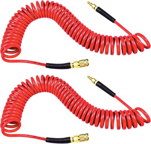 YOTOO Polyurethane Recoil Air Hose 1/4" Inner Diameter by 25' Long with Bend Restrictor, 1/4" Industrial Quick Coupler and Plug, Green. 2-Pack in Kuwait