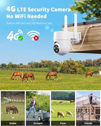 كاميرا أمان خلوية LIWAN 4G LTE سلكية في الهواء الطلق، لا حاجة إلى شبكة WiFi، عرض 360 درجة، رؤية ليلية ملونة 2K، تتبع الحركة، محادثة ثنائية الاتجاه، تسجيل 24/7، بطاقة SIM وبطاقة ذاكرة 32 جيجا متضمنة in Kuwait