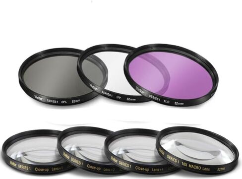 مجموعة مرشح Acuvar 52 مم 7 قطع لكاميرا Nikon D3100، D3200، D3300، D5100، D5200، D5300، D5500 مع عدسة NIKKOR 18-55 مم f/3.5-5.6G VR II - تتضمن مجموعة مرشح 3 قطع (UV-CPL-FLD) 4 قطع إغلاق مجموعة التصفية لأعلى (+1+2+4+10) in Kuwait