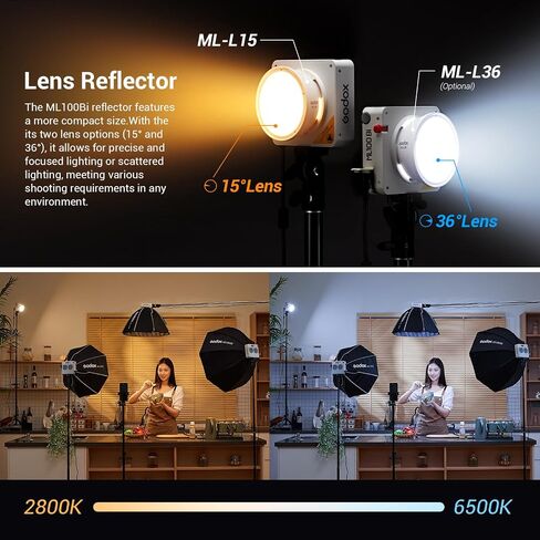 Godox ML100Bi 100w LED Video Light، 2800-6500k ثنائي اللون COB LED ضوء مستمر، CRI 97+ TLCI 98+، 11 تأثيرات FX، التحكم في التطبيق، لتصوير الفيديو المباشر in Saudi Arabia