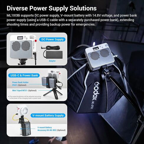 Godox ML100Bi 100w LED Video Light، 2800-6500k ثنائي اللون COB LED ضوء مستمر، CRI 97+ TLCI 98+، 11 تأثيرات FX، التحكم في التطبيق، لتصوير الفيديو المباشر in Saudi Arabia