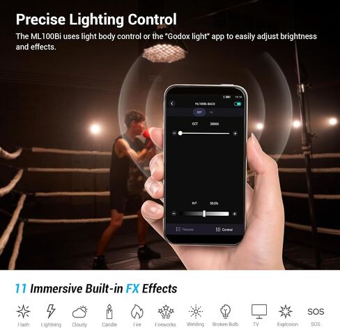 Godox ML100Bi 100w LED Video Light، 2800-6500k ثنائي اللون COB LED ضوء مستمر، CRI 97+ TLCI 98+، 11 تأثيرات FX، التحكم في التطبيق، لتصوير الفيديو المباشر in Saudi Arabia