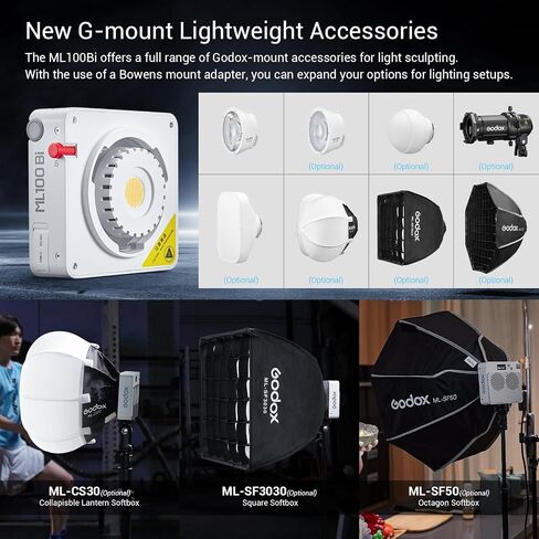 Godox ML100Bi 100w LED Video Light، 2800-6500k ثنائي اللون COB LED ضوء مستمر، CRI 97+ TLCI 98+، 11 تأثيرات FX، التحكم في التطبيق، لتصوير الفيديو المباشر in Saudi Arabia