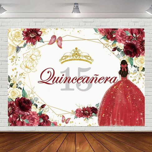 7x5ft Quinceañera 15th Birthday Backdrop Mis Quince Anos 15th Party Decorations for Sweet Girl Princess Red Gold Glitter Floral Crown Butterfly Banner Photography Background Party Favors in Saudi Arabia