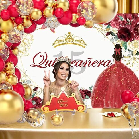 7x5ft Quinceañera 15th Birthday Backdrop Mis Quince Anos 15th Party Decorations for Sweet Girl Princess Red Gold Glitter Floral Crown Butterfly Banner Photography Background Party Favors in Saudi Arabia