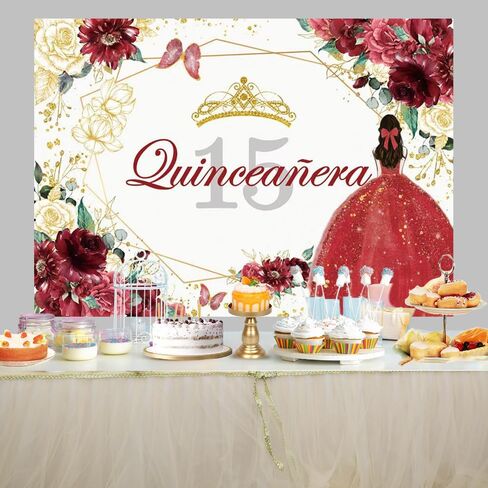 7x5ft Quinceañera 15th Birthday Backdrop Mis Quince Anos 15th Party Decorations for Sweet Girl Princess Red Gold Glitter Floral Crown Butterfly Banner Photography Background Party Favors in Saudi Arabia