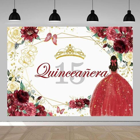 7x5ft Quinceañera 15th Birthday Backdrop Mis Quince Anos 15th Party Decorations for Sweet Girl Princess Red Gold Glitter Floral Crown Butterfly Banner Photography Background Party Favors in Saudi Arabia