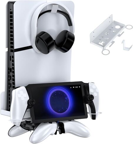 طقم تثبيت على الحائط متوافق مع PS 5/ PS 5 Slim جميع الموديلات مع حاملات لتخزين وحدة التحكم وسماعات الرأس، حامل مثبت على الحائط لمشغل PS Portal Remote، أبيض in Saudi Arabia