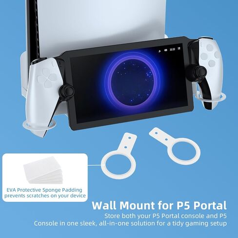 طقم تثبيت على الحائط متوافق مع PS 5/ PS 5 Slim جميع الموديلات مع حاملات لتخزين وحدة التحكم وسماعات الرأس، حامل مثبت على الحائط لمشغل PS Portal Remote، أبيض in Saudi Arabia