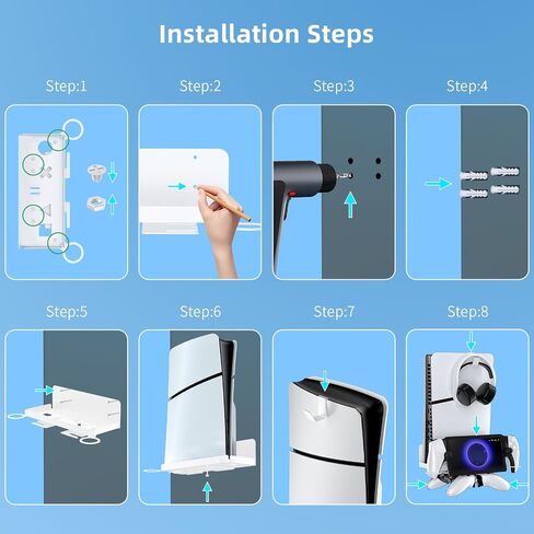 طقم تثبيت على الحائط متوافق مع PS 5/ PS 5 Slim جميع الموديلات مع حاملات لتخزين وحدة التحكم وسماعات الرأس، حامل مثبت على الحائط لمشغل PS Portal Remote، أبيض in Saudi Arabia
