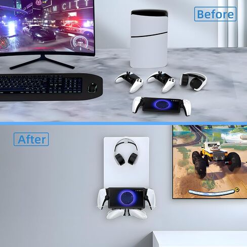 طقم تثبيت على الحائط متوافق مع PS 5/ PS 5 Slim جميع الموديلات مع حاملات لتخزين وحدة التحكم وسماعات الرأس، حامل مثبت على الحائط لمشغل PS Portal Remote، أبيض in Saudi Arabia