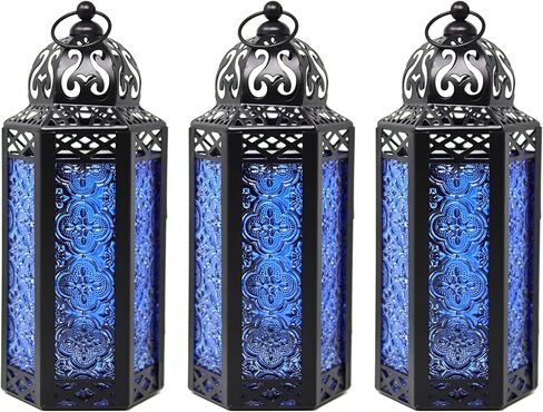 VELA LANTERNS 3pk شمعة مغربية فانوس ديكور حامل شموع مصباح للطاولة أو التعليق، ديكور المنزل الداخلي، الفناء الخارجي أو الشرفة، حفلات الزفاف، معدن أسود، متوسط، زجاج أخضر in Saudi Arabia