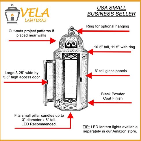 VELA LANTERNS 3pk شمعة مغربية فانوس ديكور حامل شموع مصباح للطاولة أو التعليق، ديكور المنزل الداخلي، الفناء الخارجي أو الشرفة، حفلات الزفاف، معدن أسود، متوسط، زجاج أخضر in Saudi Arabia