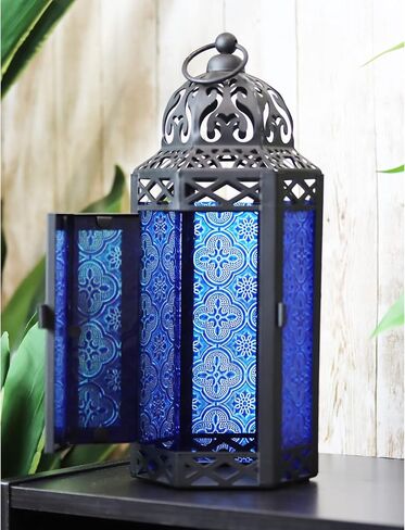 VELA LANTERNS 3pk شمعة مغربية فانوس ديكور حامل شموع مصباح للطاولة أو التعليق، ديكور المنزل الداخلي، الفناء الخارجي أو الشرفة، حفلات الزفاف، معدن أسود، متوسط، زجاج أخضر in Saudi Arabia
