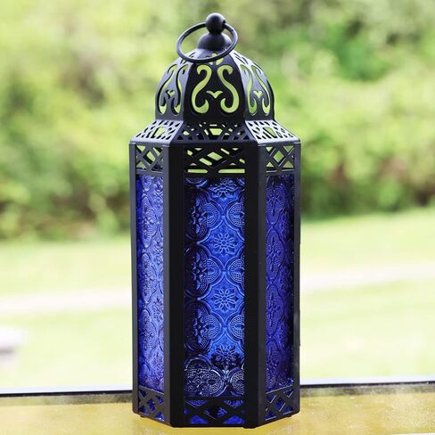 VELA LANTERNS 3pk شمعة مغربية فانوس ديكور حامل شموع مصباح للطاولة أو التعليق، ديكور المنزل الداخلي، الفناء الخارجي أو الشرفة، حفلات الزفاف، معدن أسود، متوسط، زجاج أخضر in Saudi Arabia