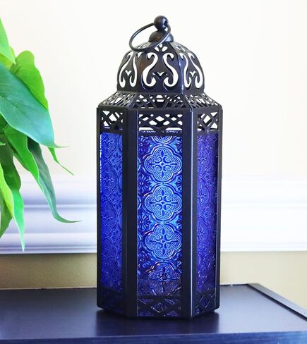 VELA LANTERNS 3pk شمعة مغربية فانوس ديكور حامل شموع مصباح للطاولة أو التعليق، ديكور المنزل الداخلي، الفناء الخارجي أو الشرفة، حفلات الزفاف، معدن أسود، متوسط، زجاج أخضر in Saudi Arabia