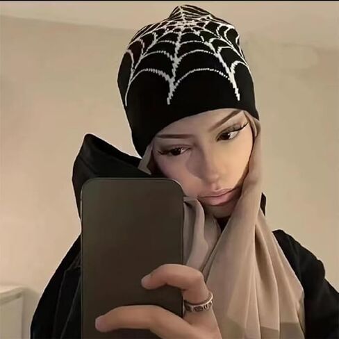 Women Beanie Winter Warm Beanies Men Casual Skullies Outdoor Y2K Gothic Spider Pattern Wool Acrylic Knitted Hat in Saudi Arabia