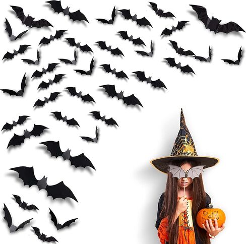 Econour Bats جدار ديكور 100 قطعة ديكور الهالوين الخفافيش واقعية PVC 3D أسود مخيف ملصقات جدار الخفافيش لديكور المنزل المخيف ديكورات حفلات الهالوين DIY جدار صائق الحمام ديكور داخلي للهالوين in Kuwait