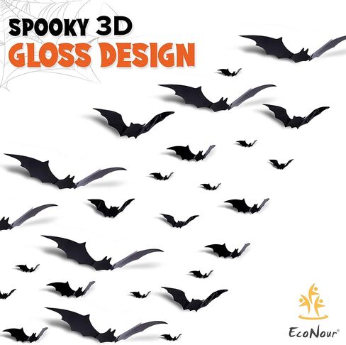 Econour Bats جدار ديكور 100 قطعة ديكور الهالوين الخفافيش واقعية PVC 3D أسود مخيف ملصقات جدار الخفافيش لديكور المنزل المخيف ديكورات حفلات الهالوين DIY جدار صائق الحمام ديكور داخلي للهالوين in Kuwait