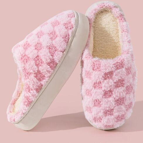 Cute Bedroom Slip on Plaid Shoes House Slippers for Women Plush Warm Fuzzy Slippers Cozy Checkered Slippers in Saudi Arabia