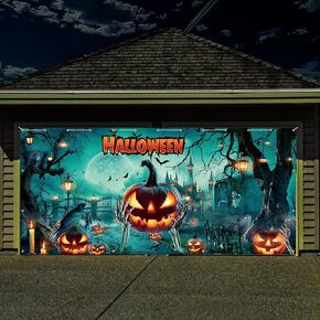 Holkcog Halloween Pumpkin Skeleton Hand Garage Door Decor, Large Happy Halloween Garage Door Cover Banner 16 x 7 ft, Outdoor Halloween Garage Decor, Family Halloween Party Supplies Backdrop Banner